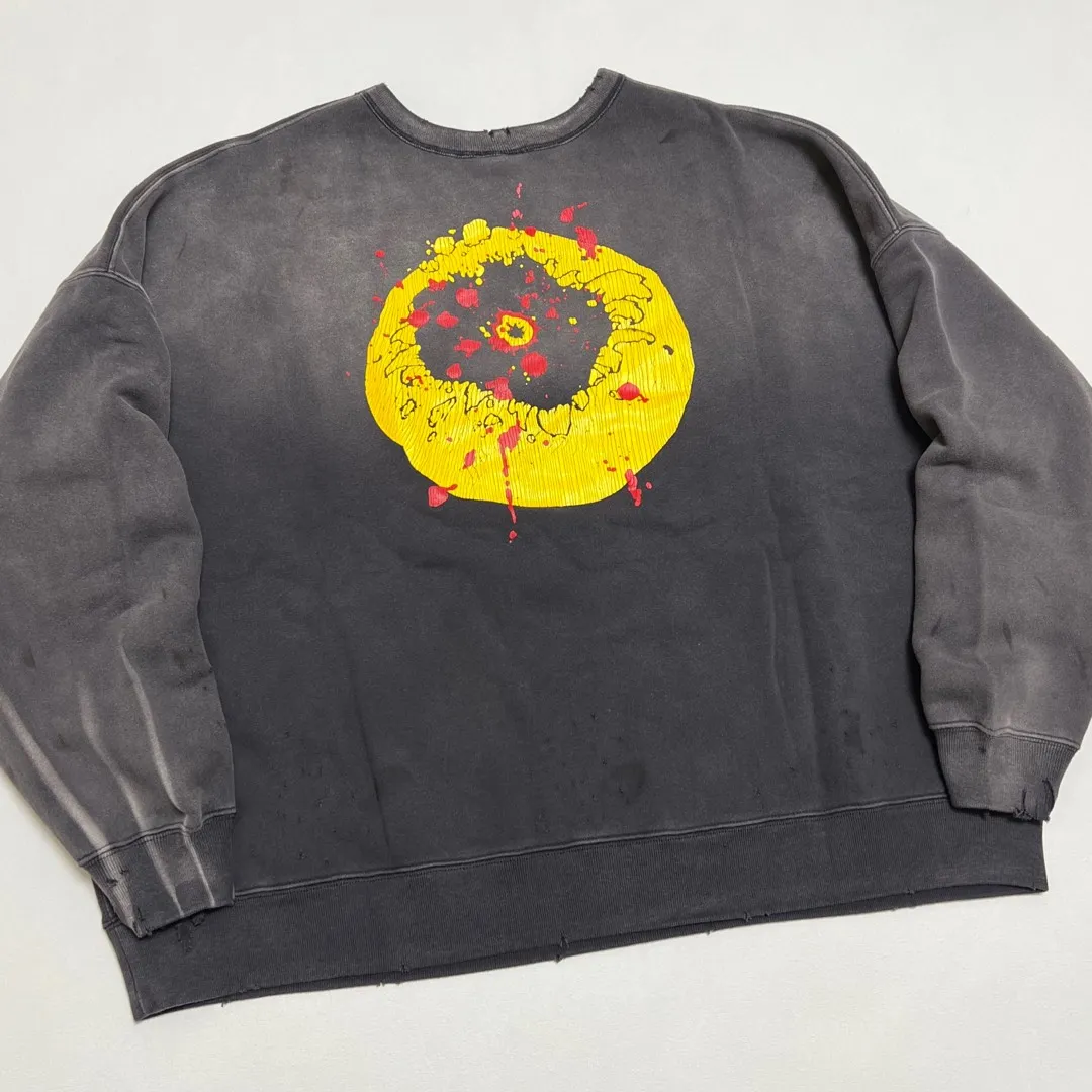 SAINT Mxxxxxx x CACTUS PLANT FLEA MARKET SMILE SWEATER SHIRT CPFM co-branded sweatshirt with smiley face, washed black S-XL, ready-to-wear Assute dyeing, heavy fermentation washing, multi-position spray fading, ultra-complex manual polishing/destruction treatment/special shearing treatment, special striped cuffs/multi-position shearing/pure handmade graffiti and dirty The only correct co-branded main wheat label/wash water label/little angel anti-counterfeiting label in the entire network